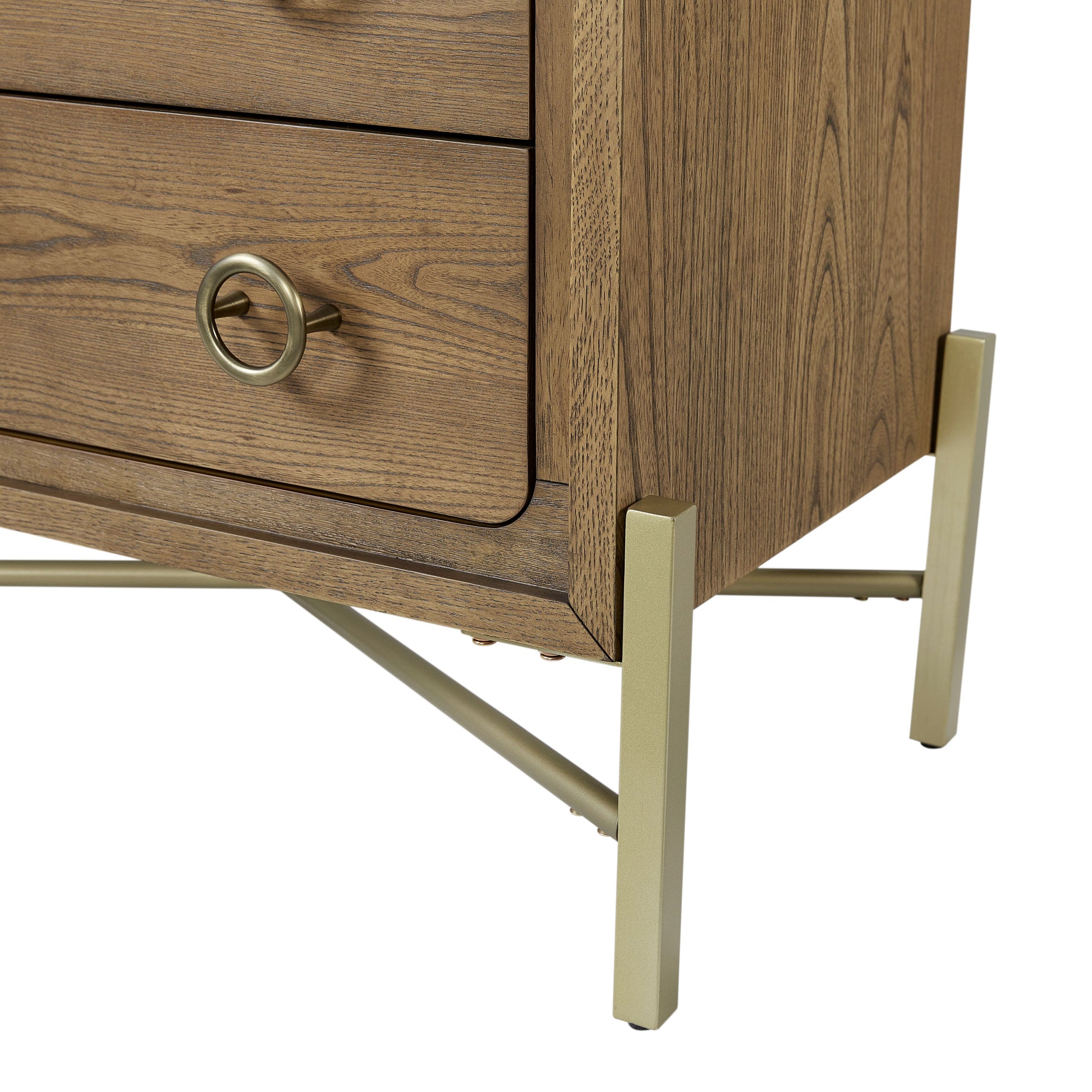 Brown wood dresser with brass ring pull and modern gold legs