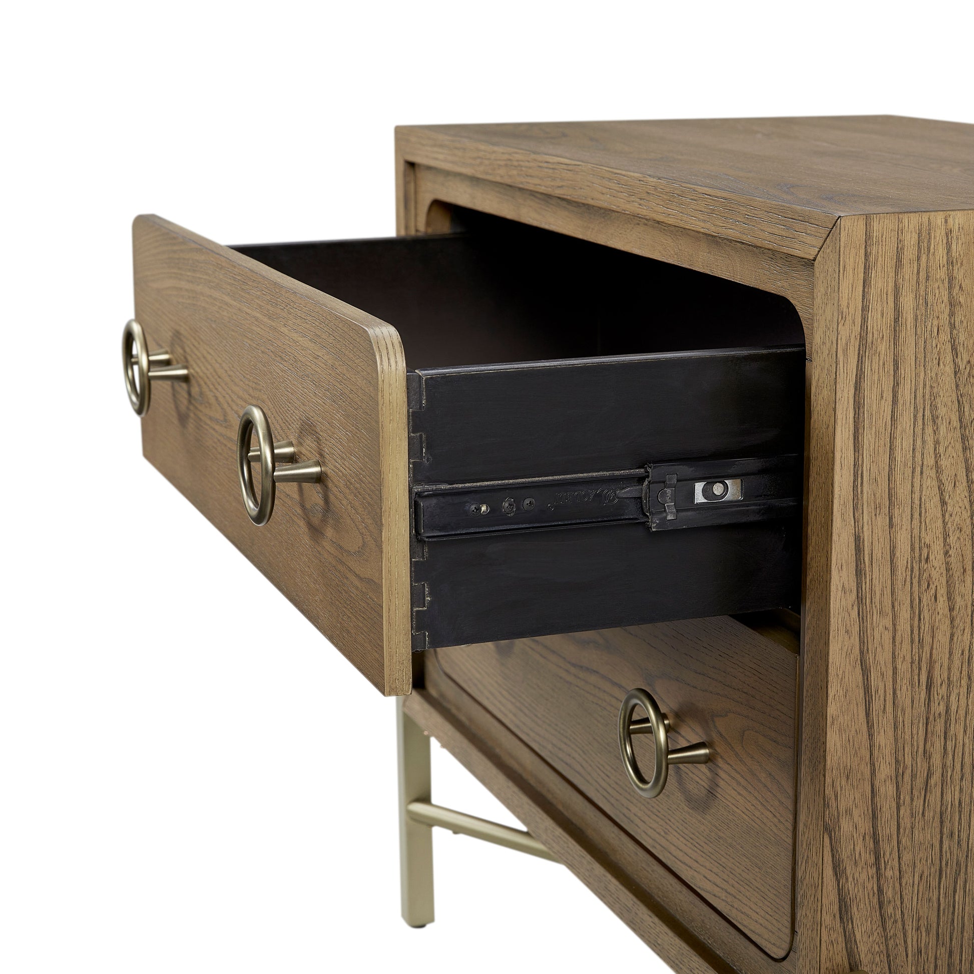 Open drawer of a modern oak nightstand with ring pull hardware and black interior