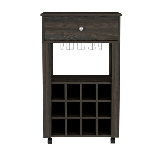 Dark wood wine cabinet with drawer and glass rack