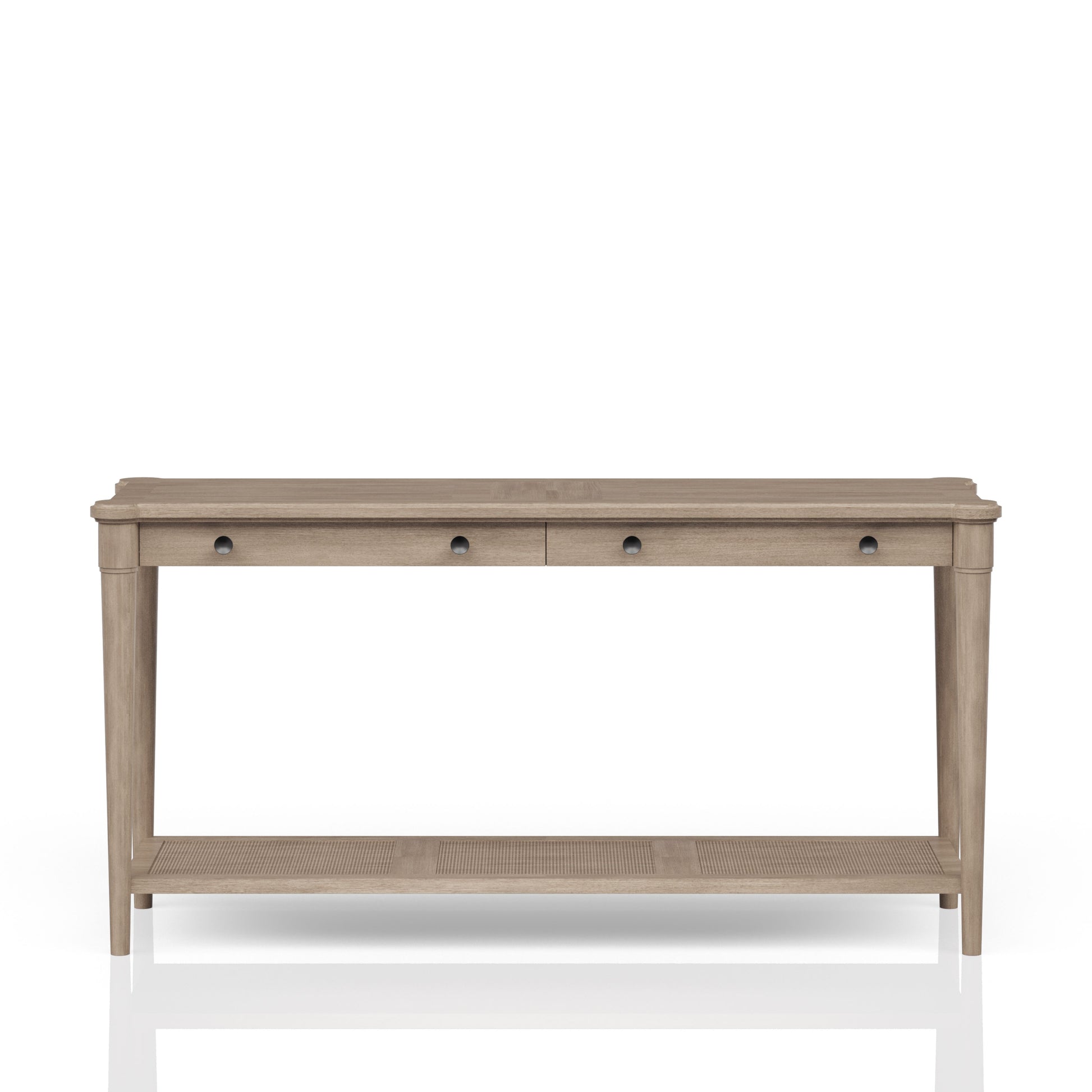 Light oak wood console table with two drawers and cane shelf