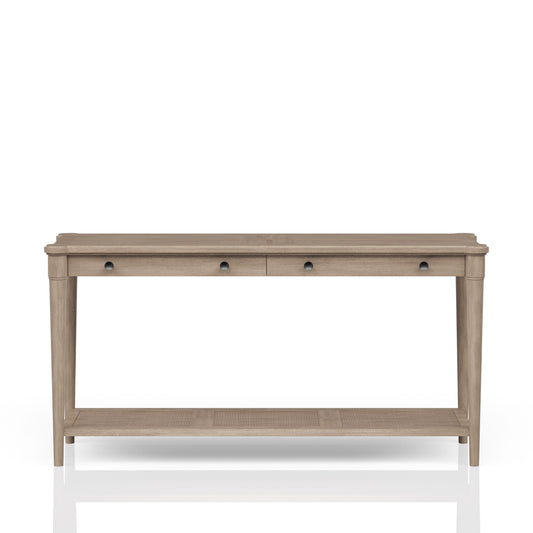 Light oak wood console table with two drawers and cane shelf