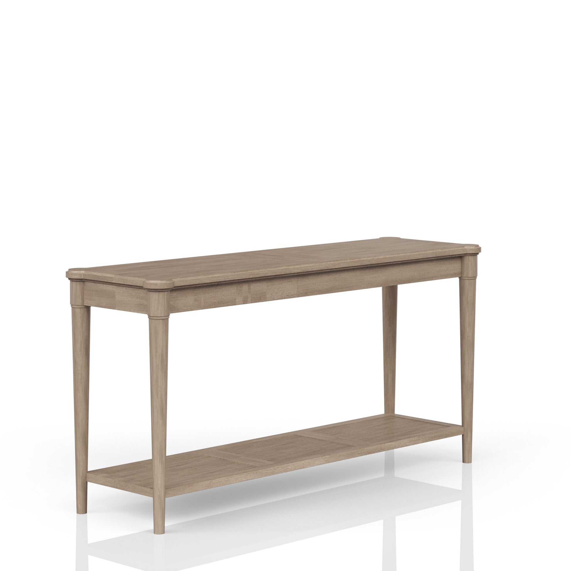 Light oak console table with woven shelf for entryway decor