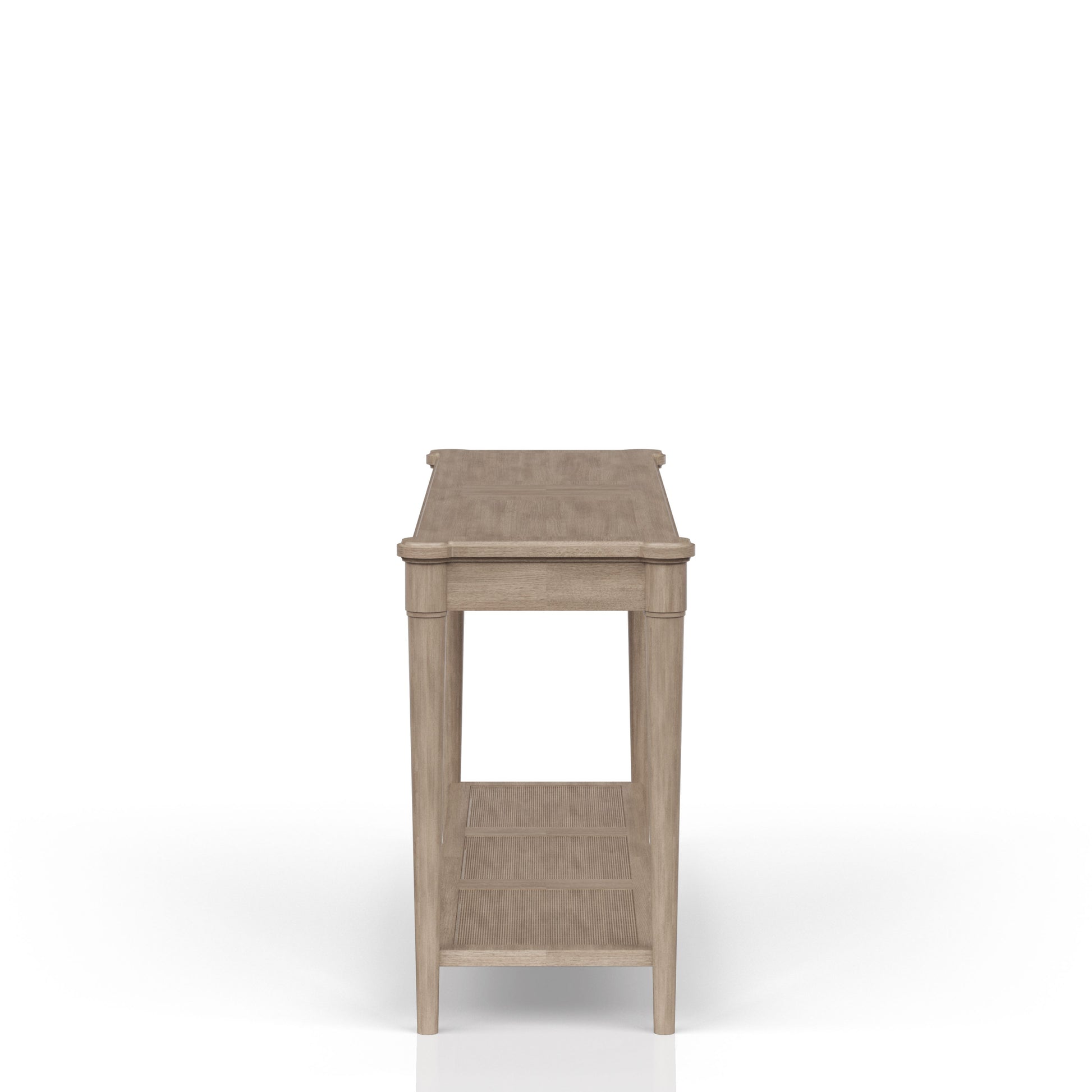 Light oak entryway table with two woven shelves perfect for modern homes
