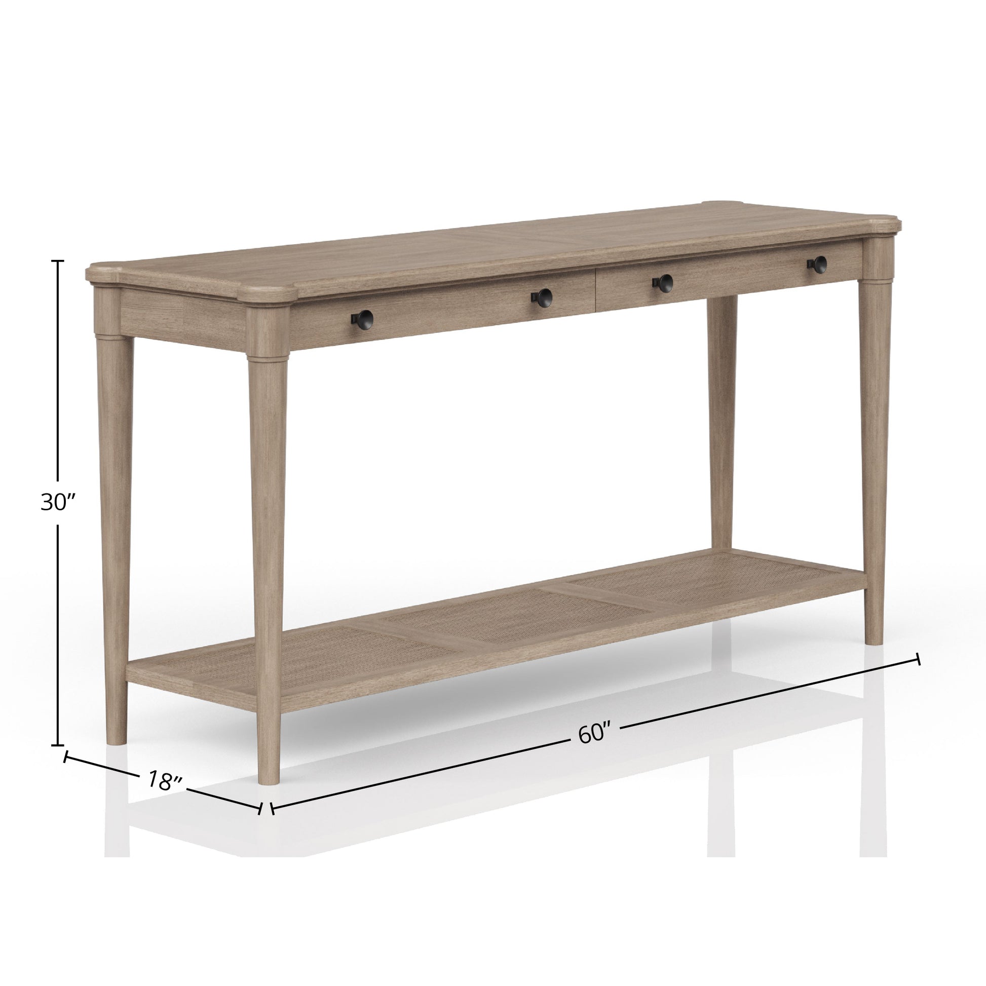 Light oak console table with three drawers and cane shelf detail