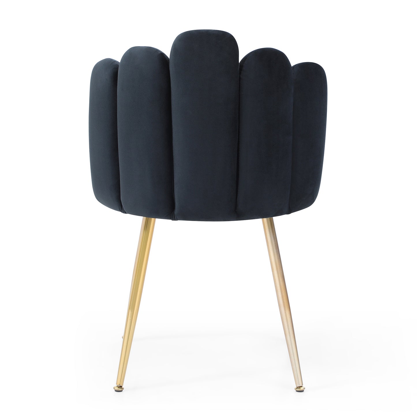 Elegant navy blue velvet accent chair with a scalloped back and polished gold metal legs