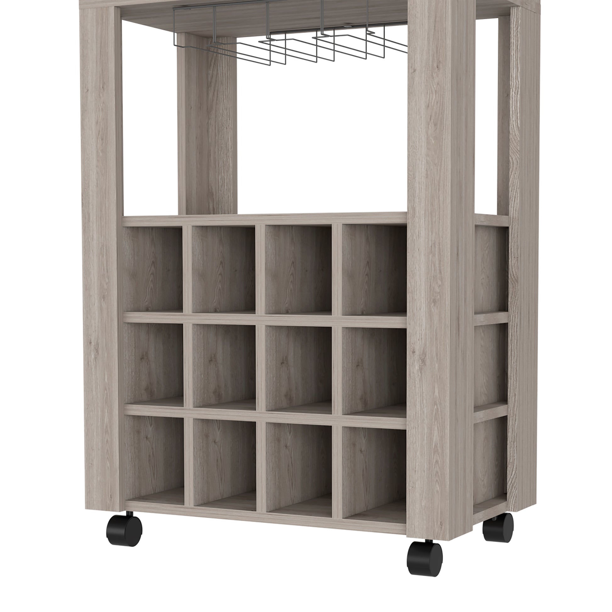 Rustic oak wine cart with  bottle compartments and glass rack