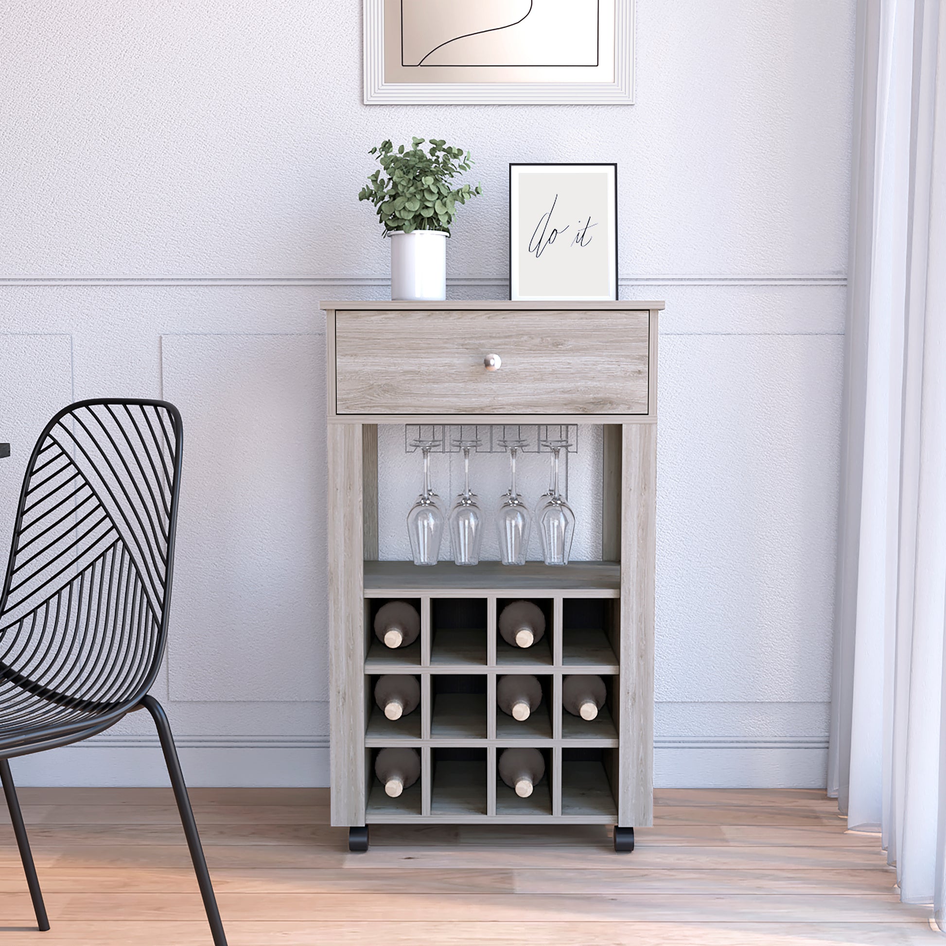 Rustic wood wine cabinet with wine glass rack and drawer