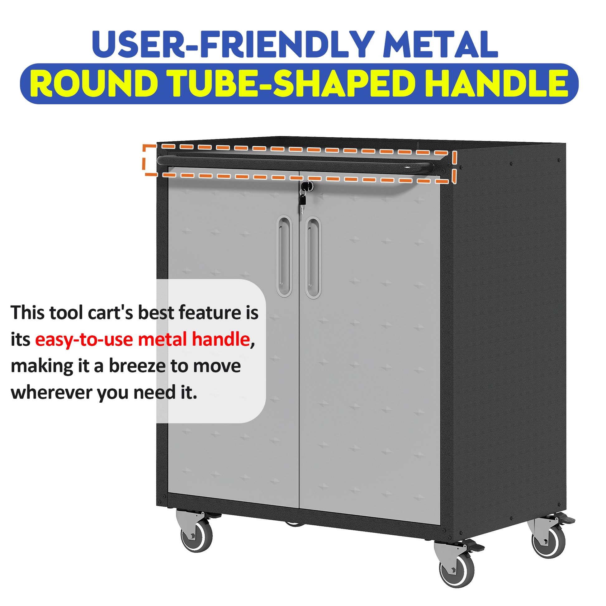 Gray metal tool cart with a userfriendly round tubeshaped handle for easy mobility