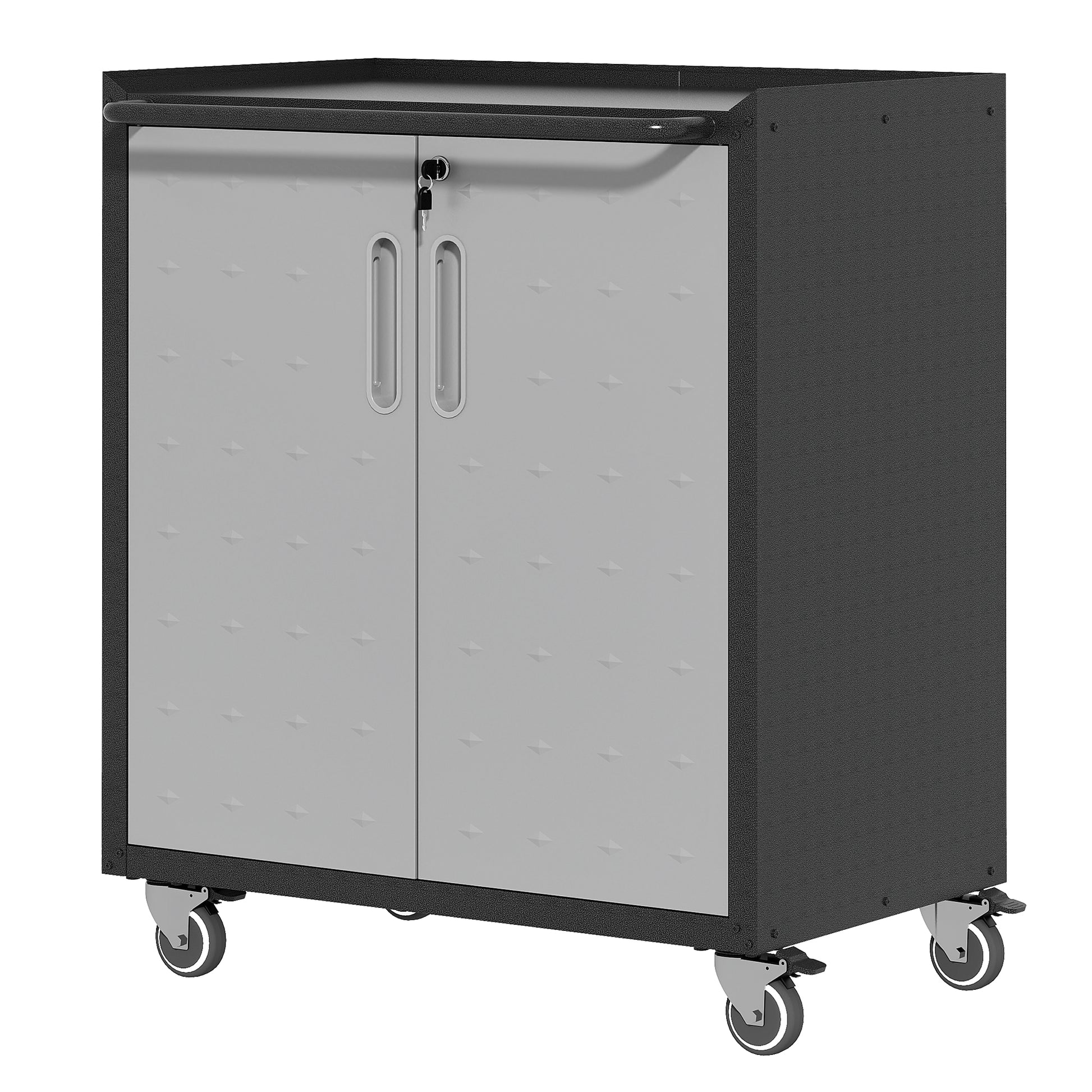 Black and gray metal rolling tool cabinet with diamond pattern doors and lock