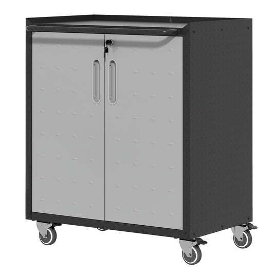 Black and gray metal rolling tool cabinet with diamond pattern doors and lock