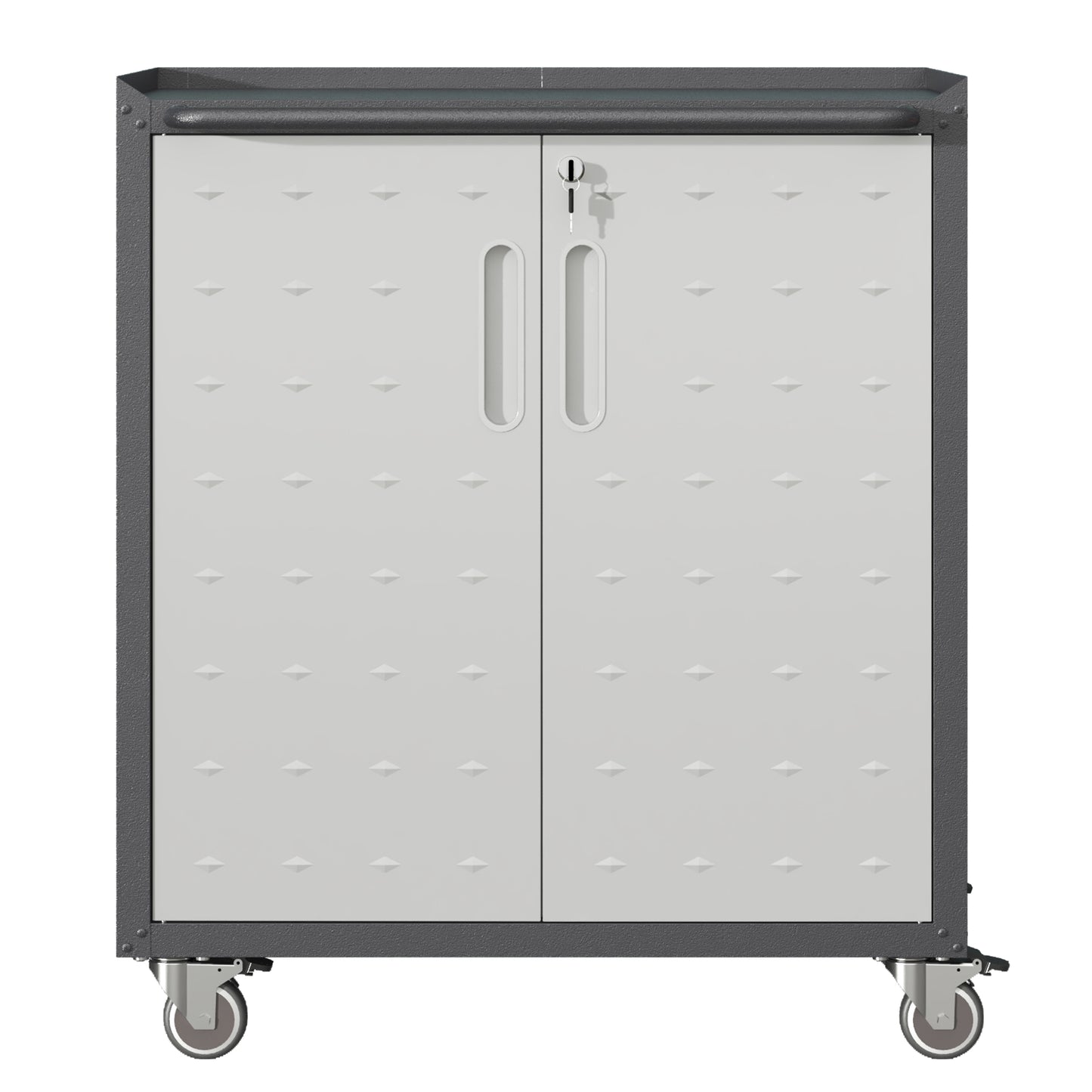 Grey metal rolling tool cabinet with diamondembossed doors and lock