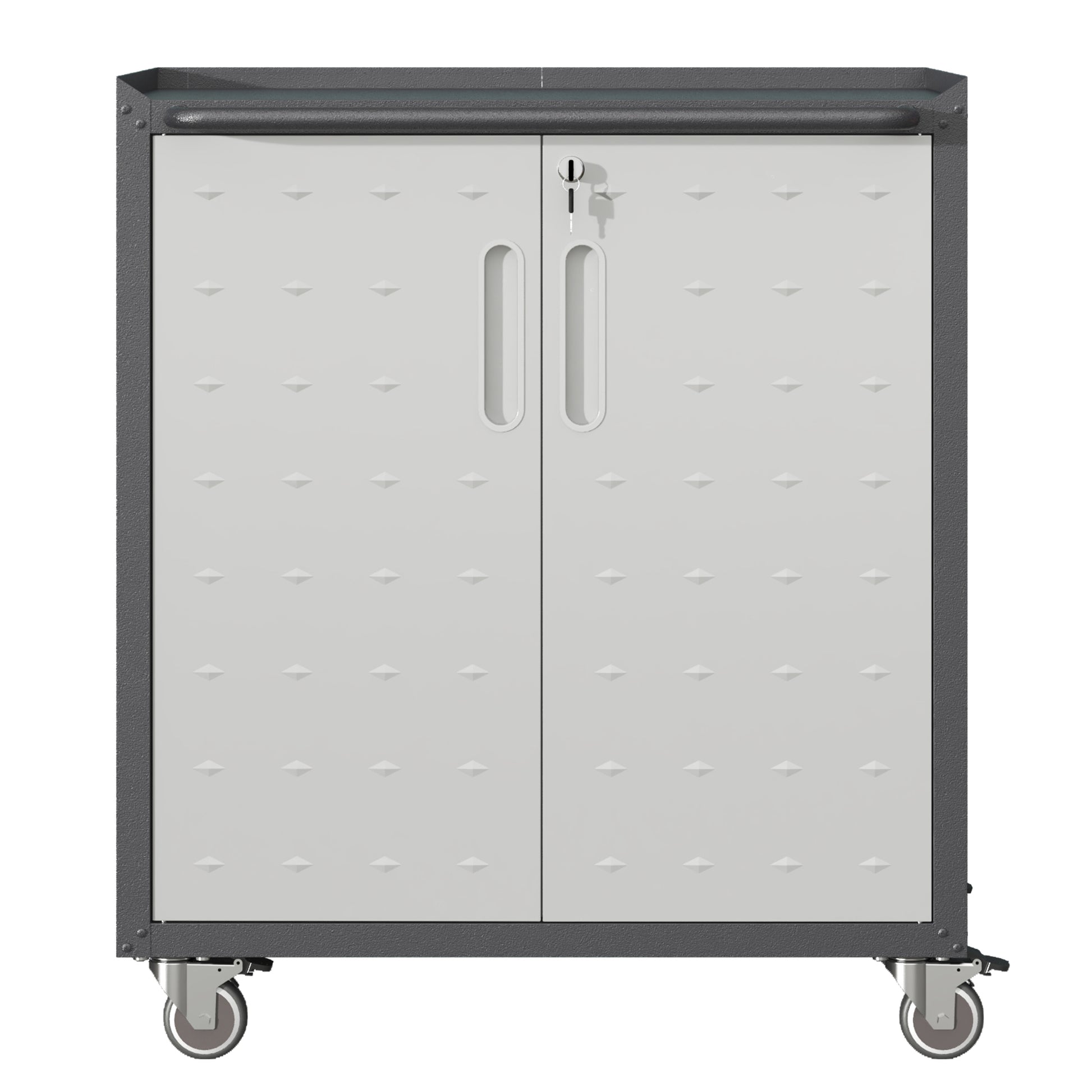 Grey metal rolling tool cabinet with diamondembossed doors and lock