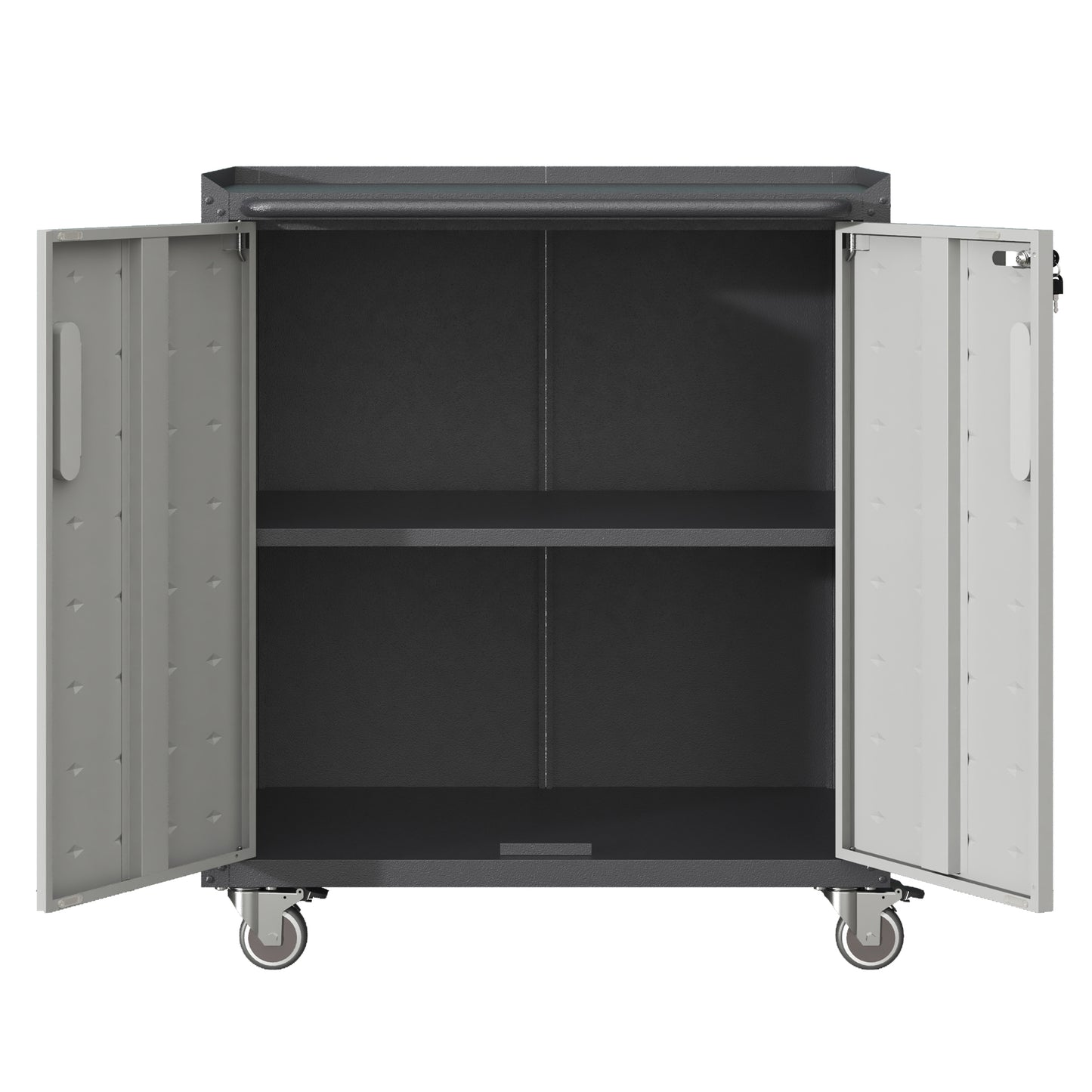 Gray metal storage cabinet with two shelves and locking doors on casters