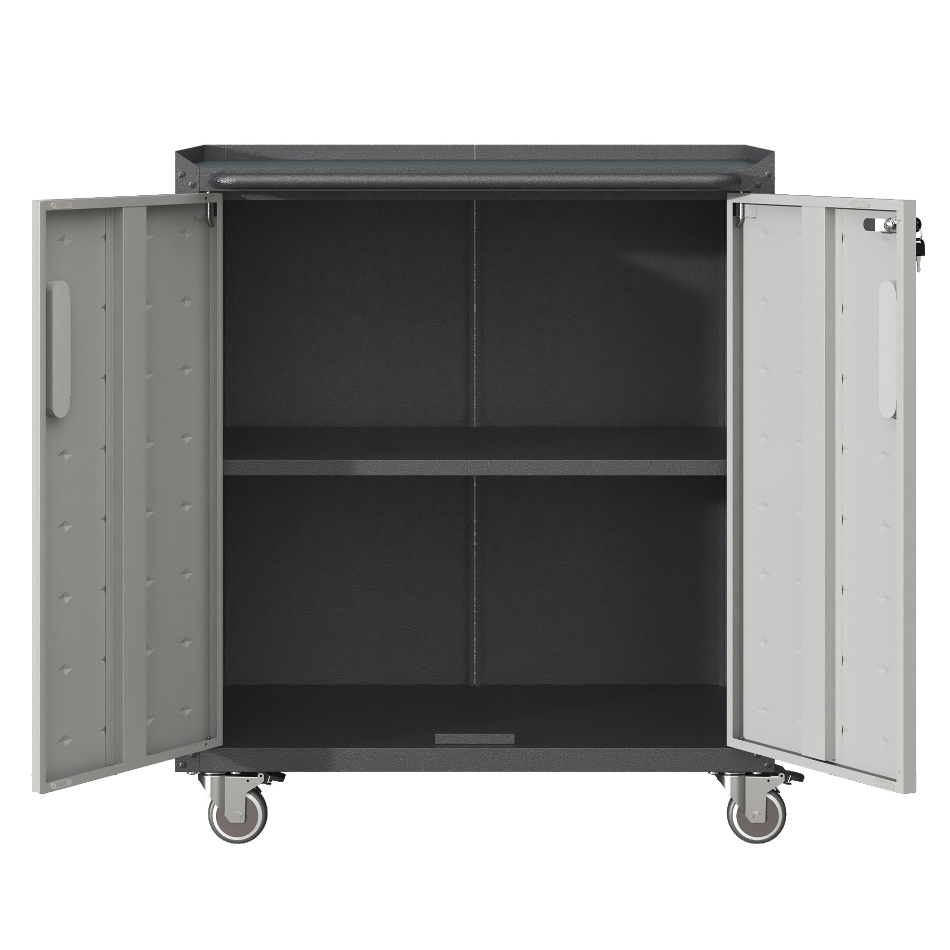 Gray metal storage cabinet with two shelves and locking doors on casters