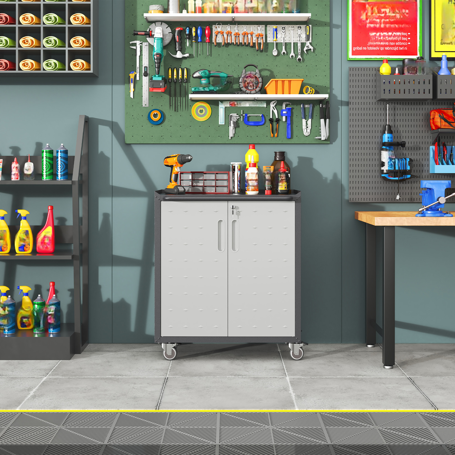 Compact storage cabinet on wheels with dual doors ideal for organizing workshop tools