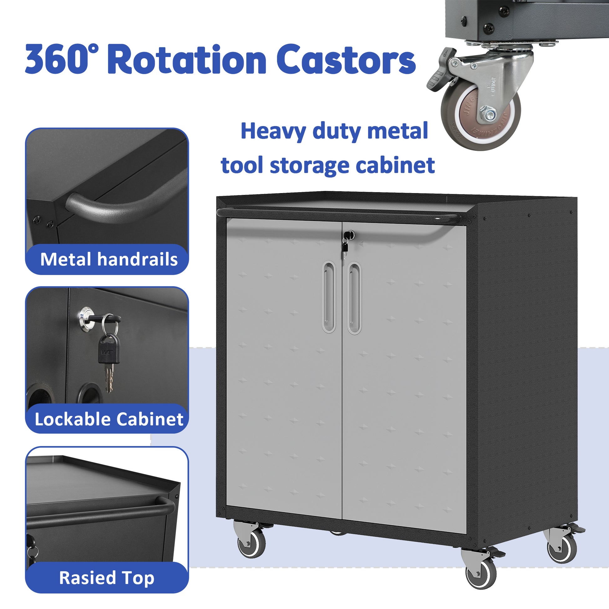 Heavy duty metal tool storage cabinet with dual lockable doors and casters
