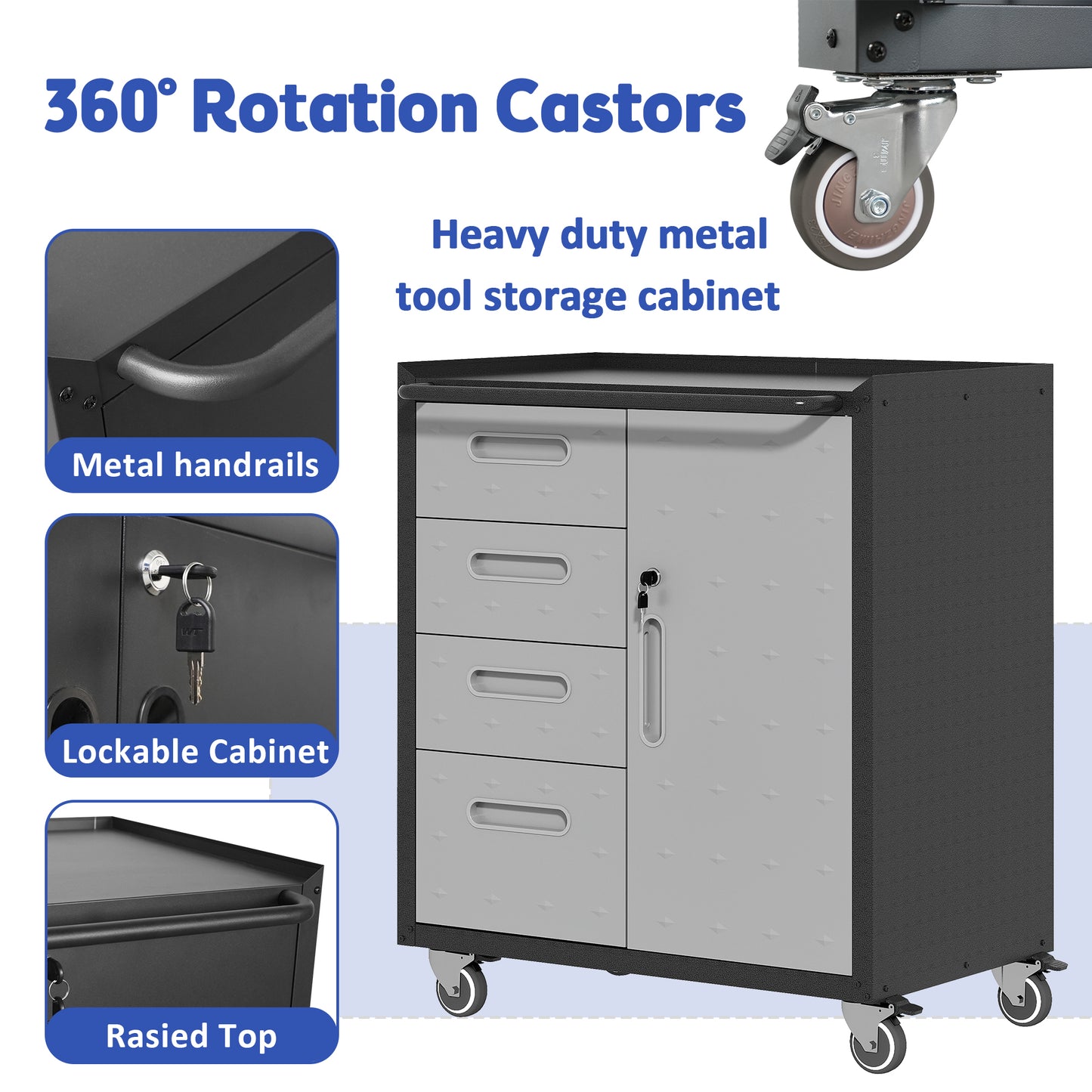 Black metal tool cabinet with three drawers and a lockable door on heavy duty casters