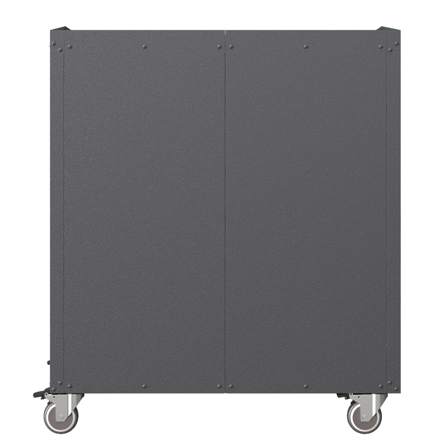 Textured dark gray metal cabinet with two doors and caster wheels for mobility