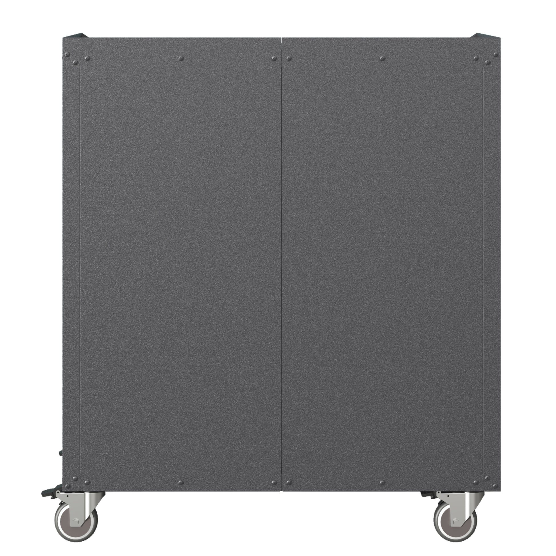 Textured dark gray metal cabinet with two doors and caster wheels for mobility