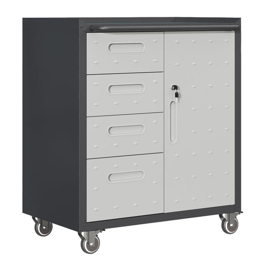 Dark gray metal garage cabinet with four drawers and a locking cabinet door on casters