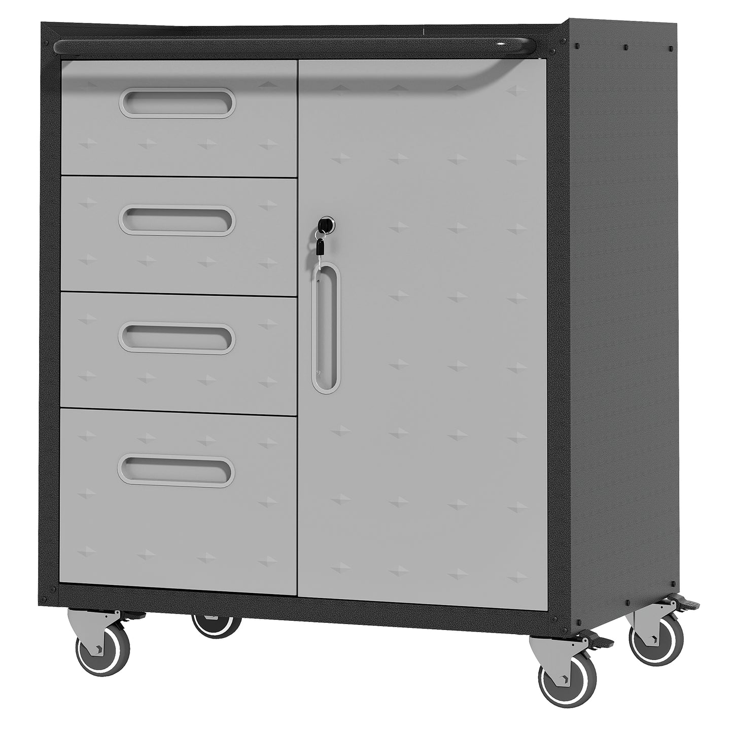Gray mobile tool chest with four drawers and a lockable cabinet door on wheels