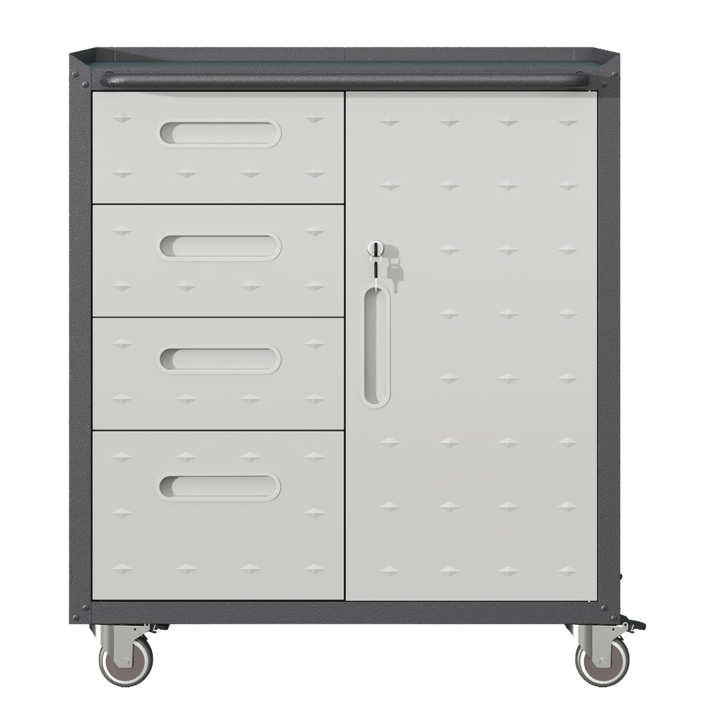 Gray metal rolling cabinet with four drawers and a locked door for garage organization