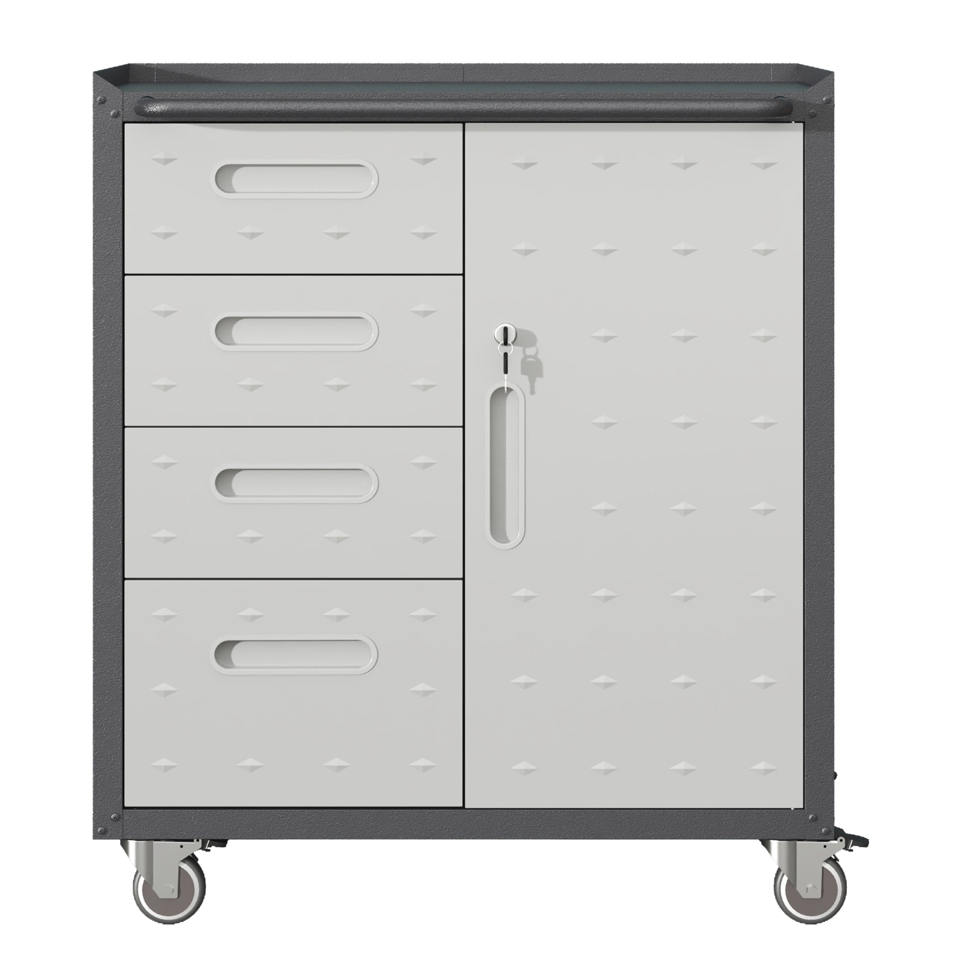 Gray metal rolling cabinet with four drawers and a locked door for garage organization