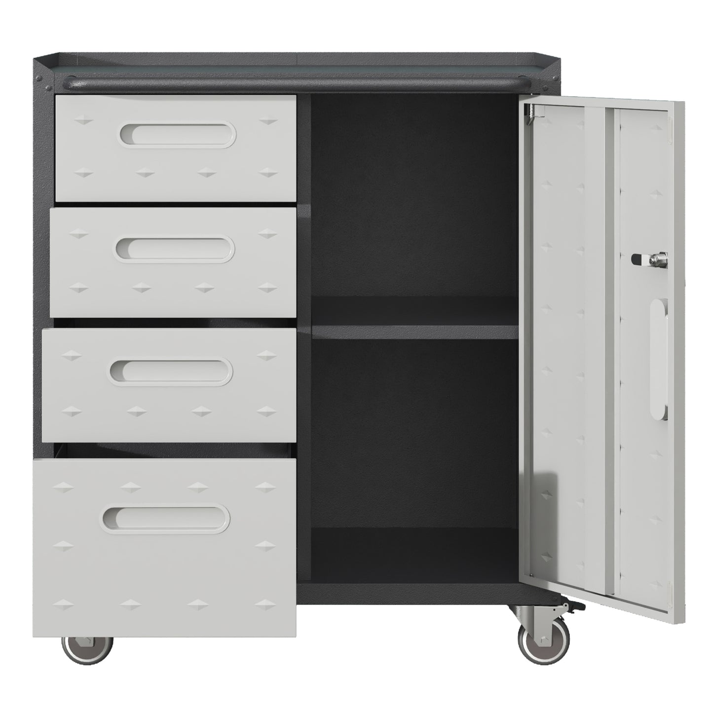 Gray metal garage cabinet with four drawers and a locking door  characters