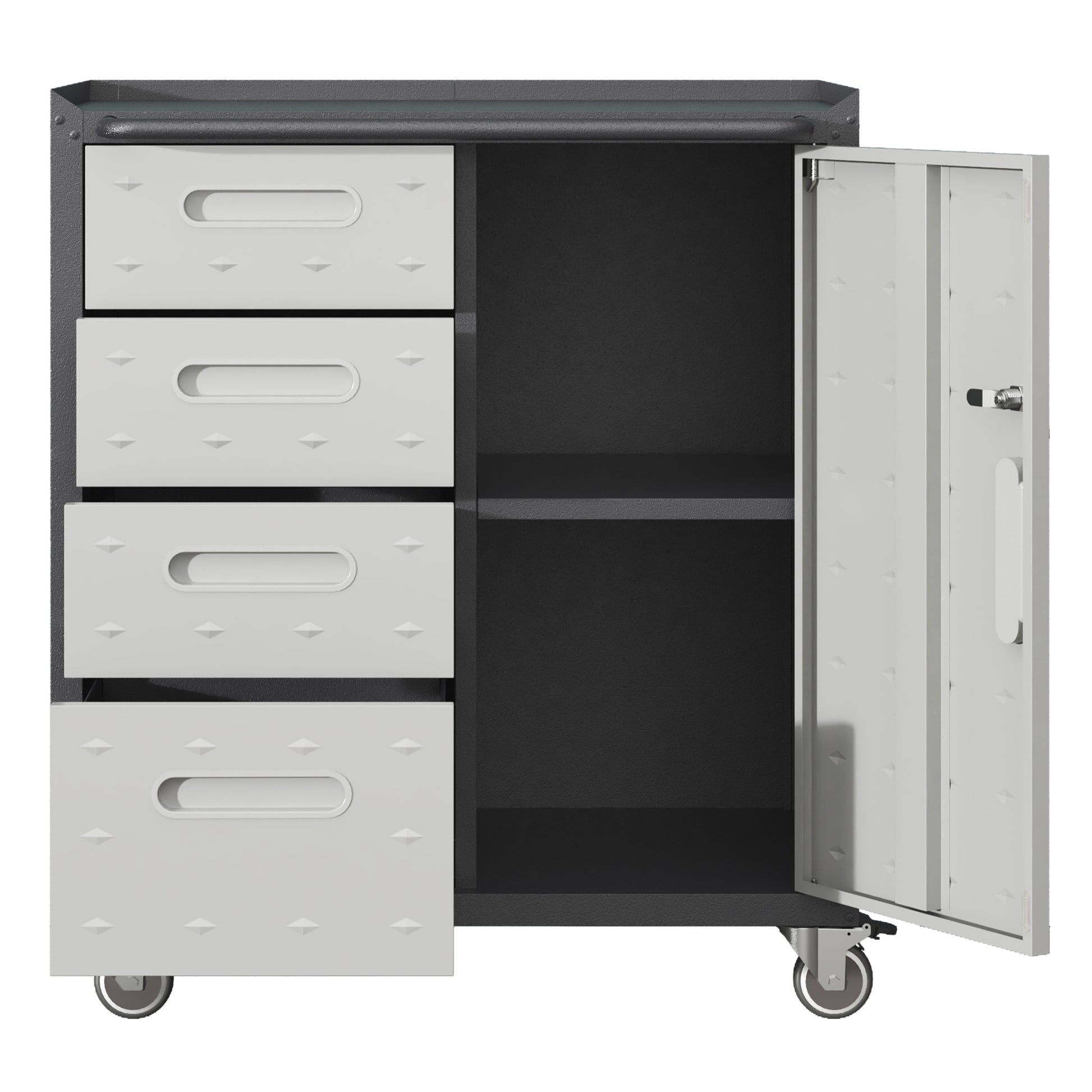 Gray metal garage cabinet with four drawers and a locking door  characters