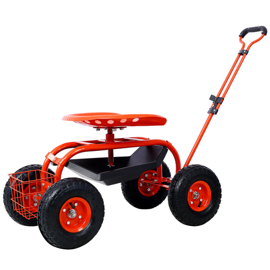 Orange garden cart with a swivel seat storage tray and basket for outdoor tasks