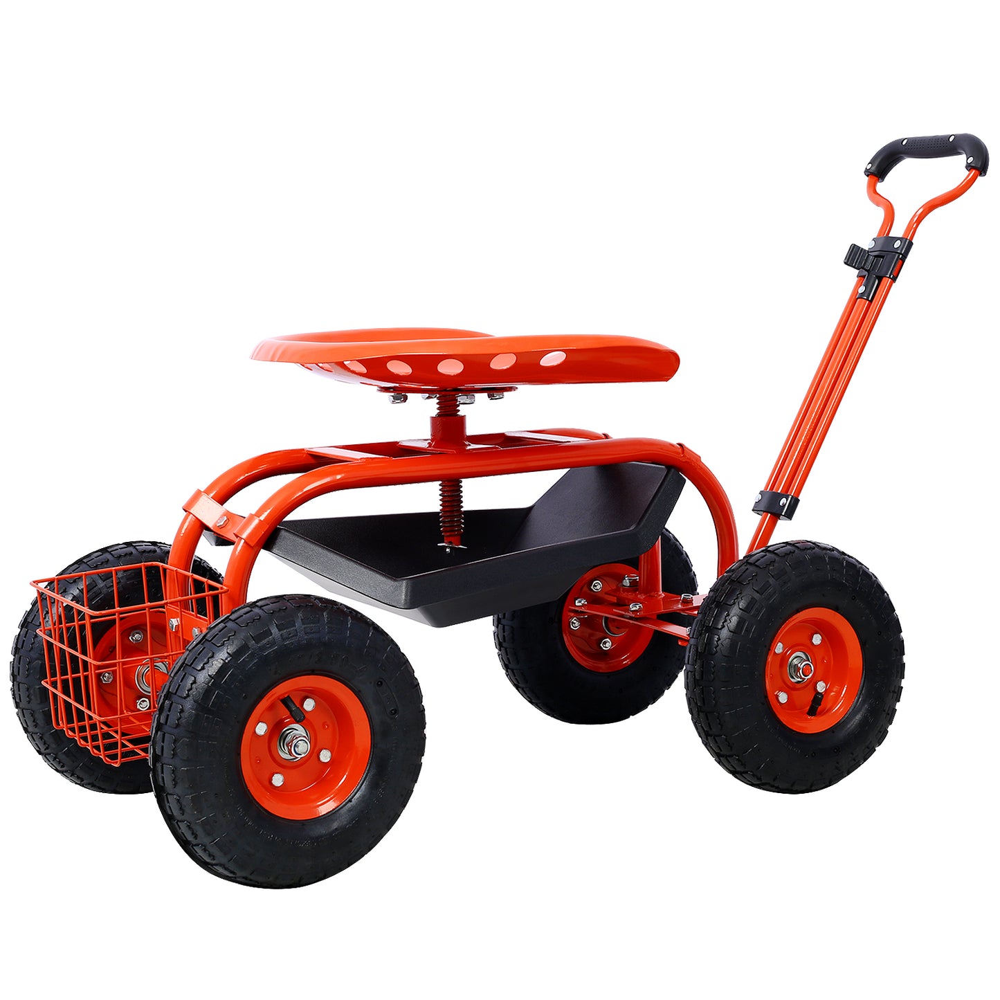Orange rolling garden seat with basket and swivel steering for comfortable yard work