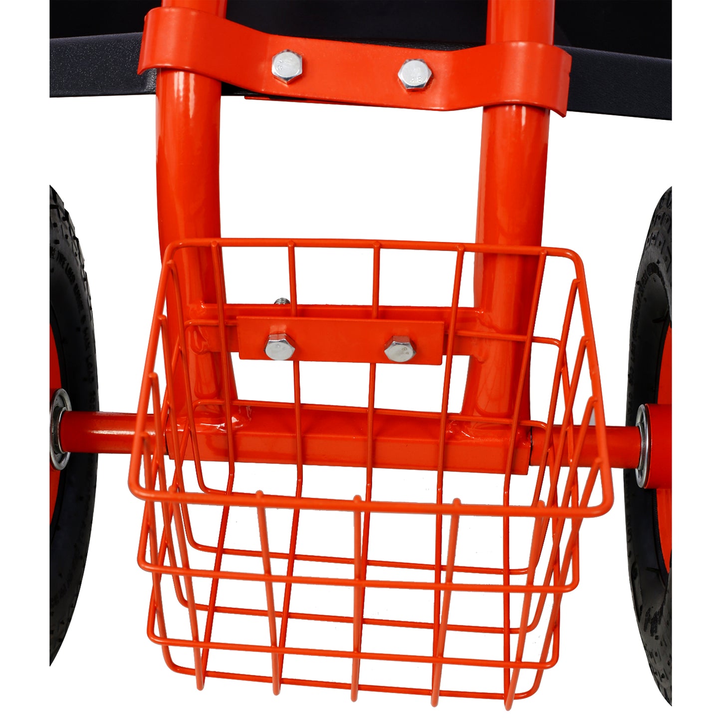 Orange metal trolley basket with sturdy frame and dual wheels