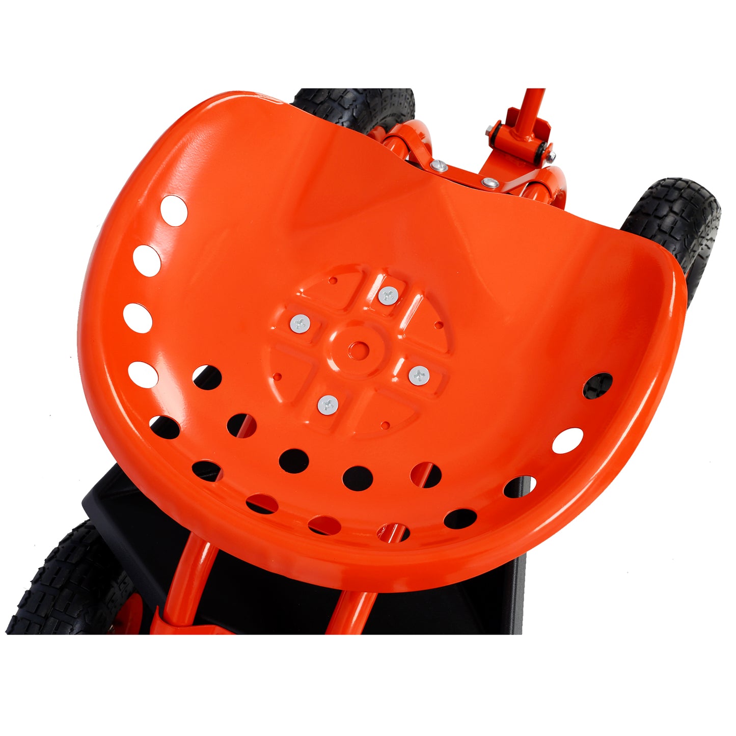 Orange tractor seat with drainage holes and visible screws ideal for garden carts