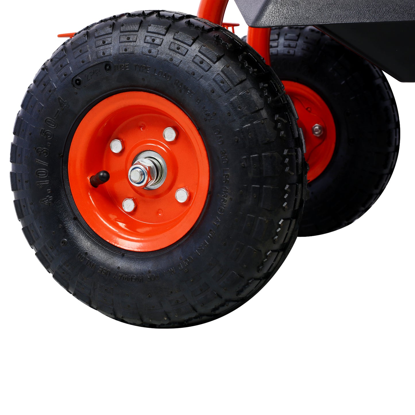 Closeup of a heavyduty pneumatic wheel with an orange rim and black tire