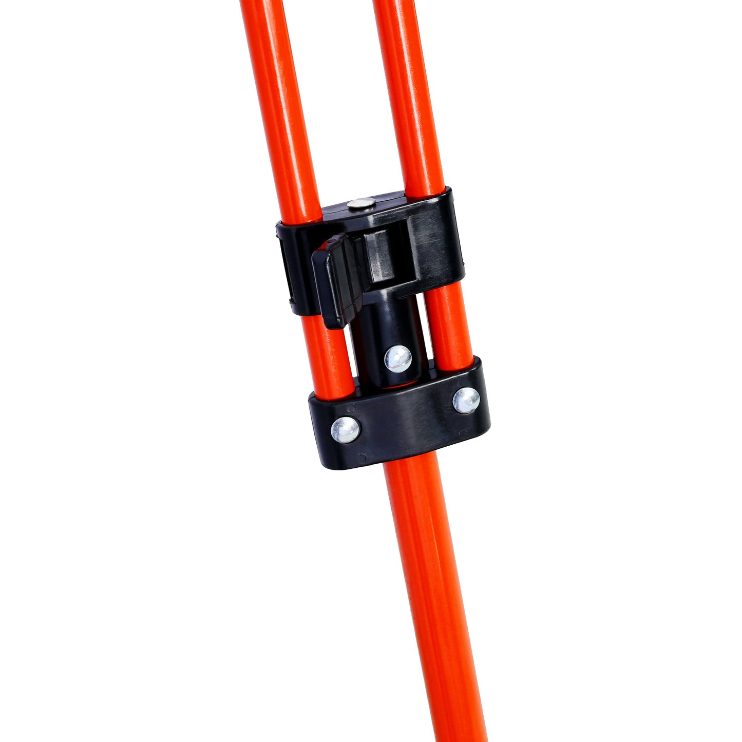 Orange metal tripod leg connector with black clamp and rivets