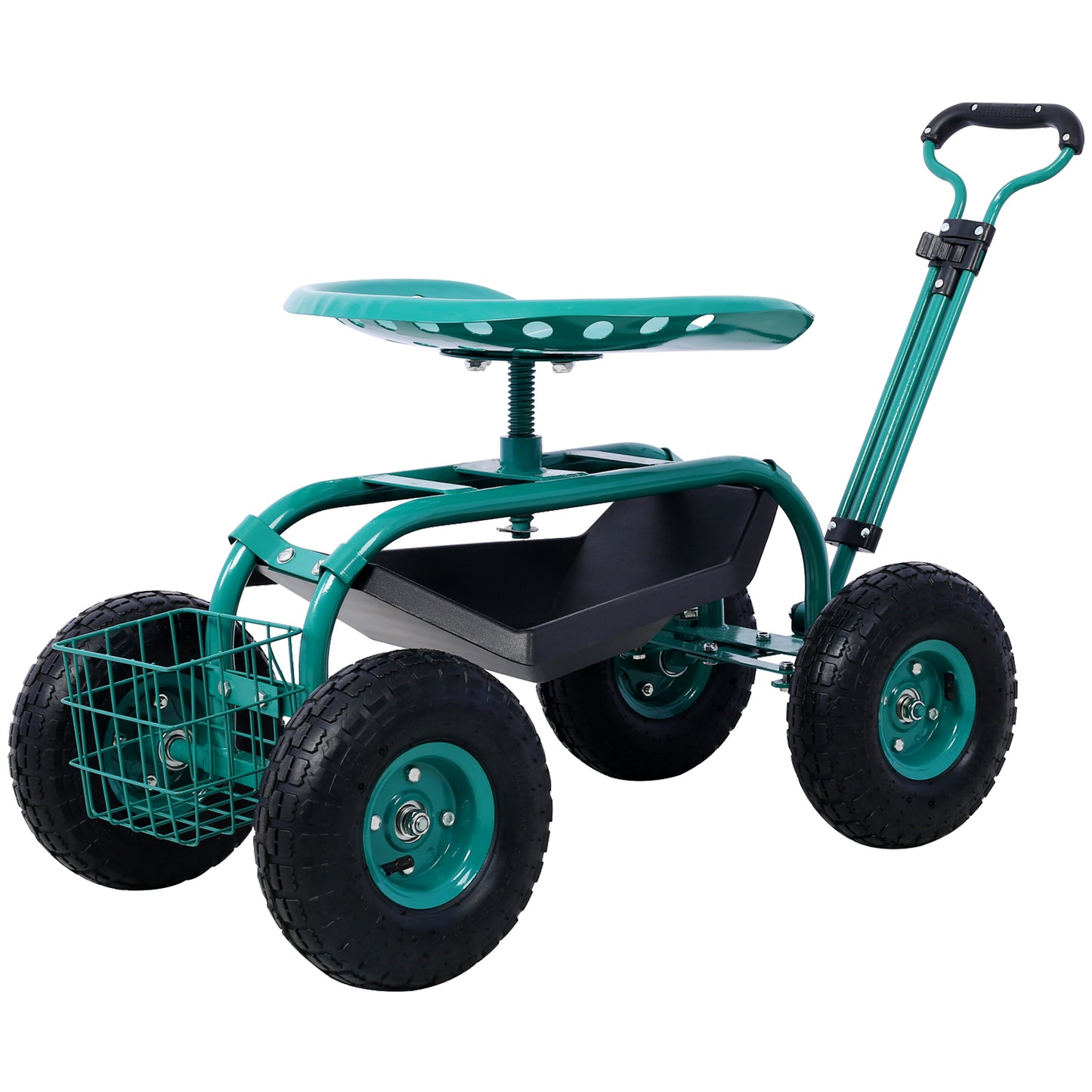 Green rolling garden seat with storage tray and basket ideal for yard work