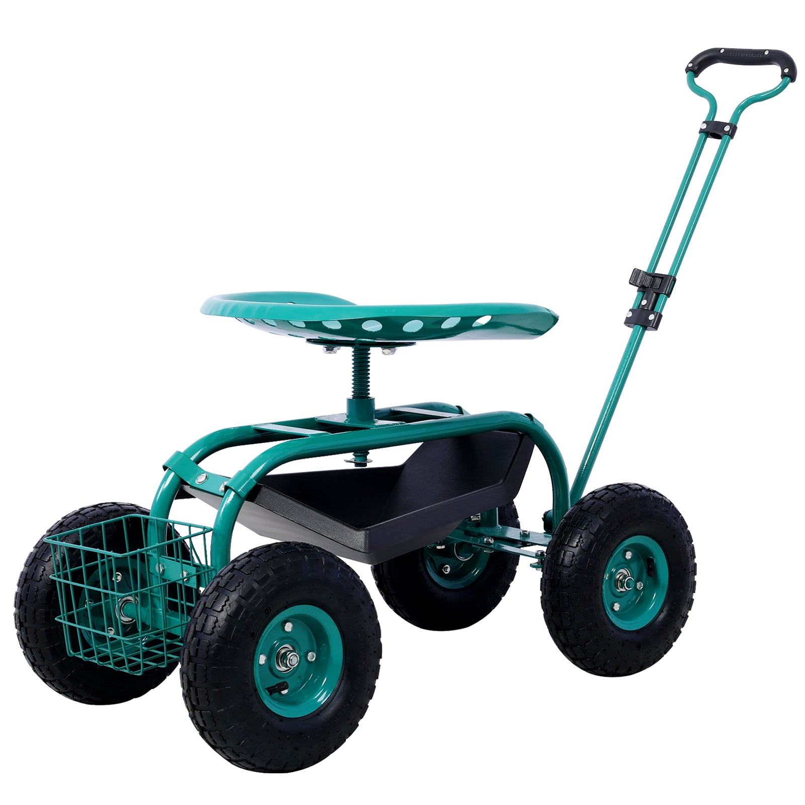 Green garden cart with rolling seat storage tray and front basket for gardening tasks