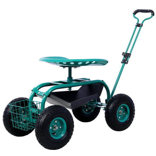 Green garden cart with rolling seat storage tray and front basket for gardening tasks