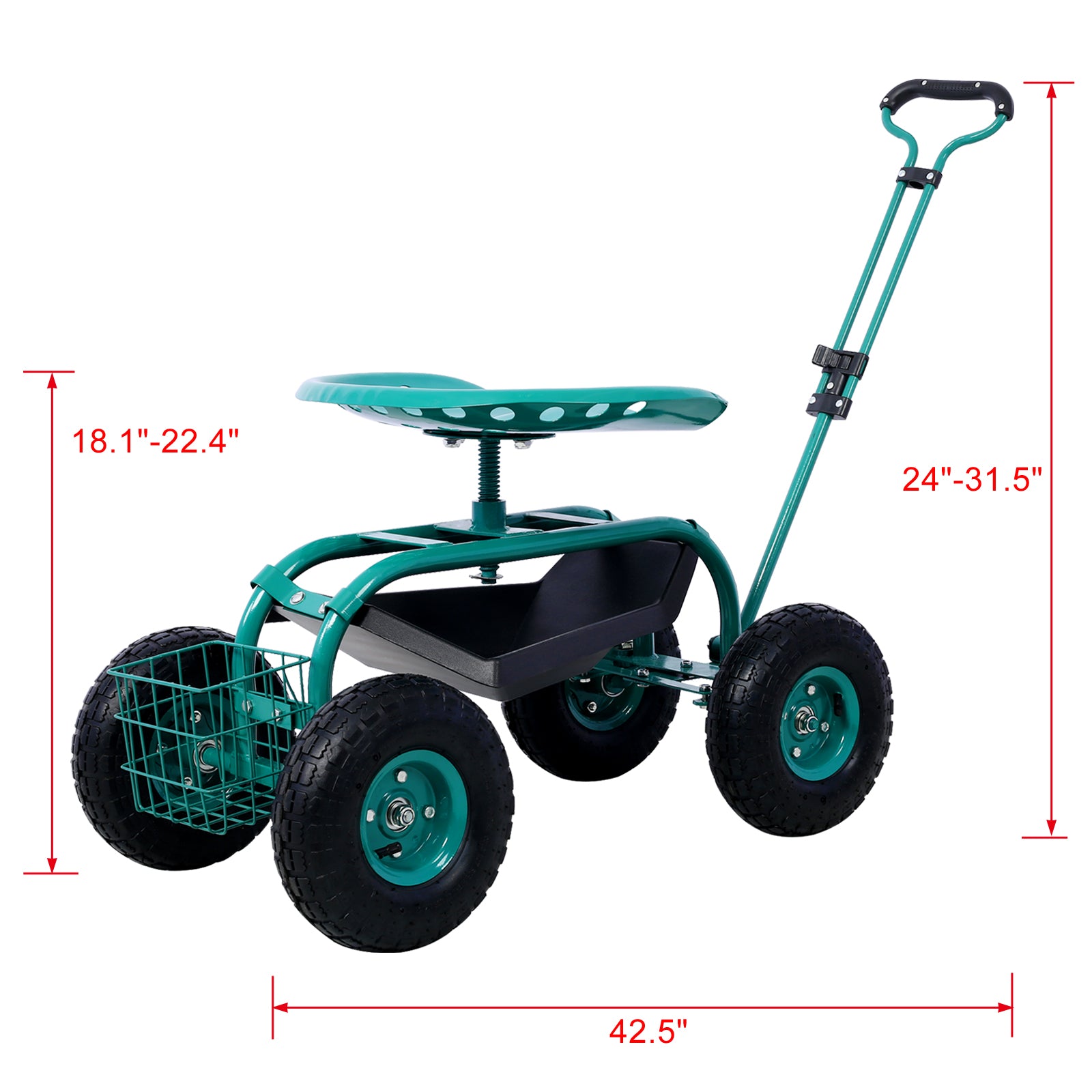 Green rolling garden seat with large pneumatic tires and tool basket for comfortable gardening