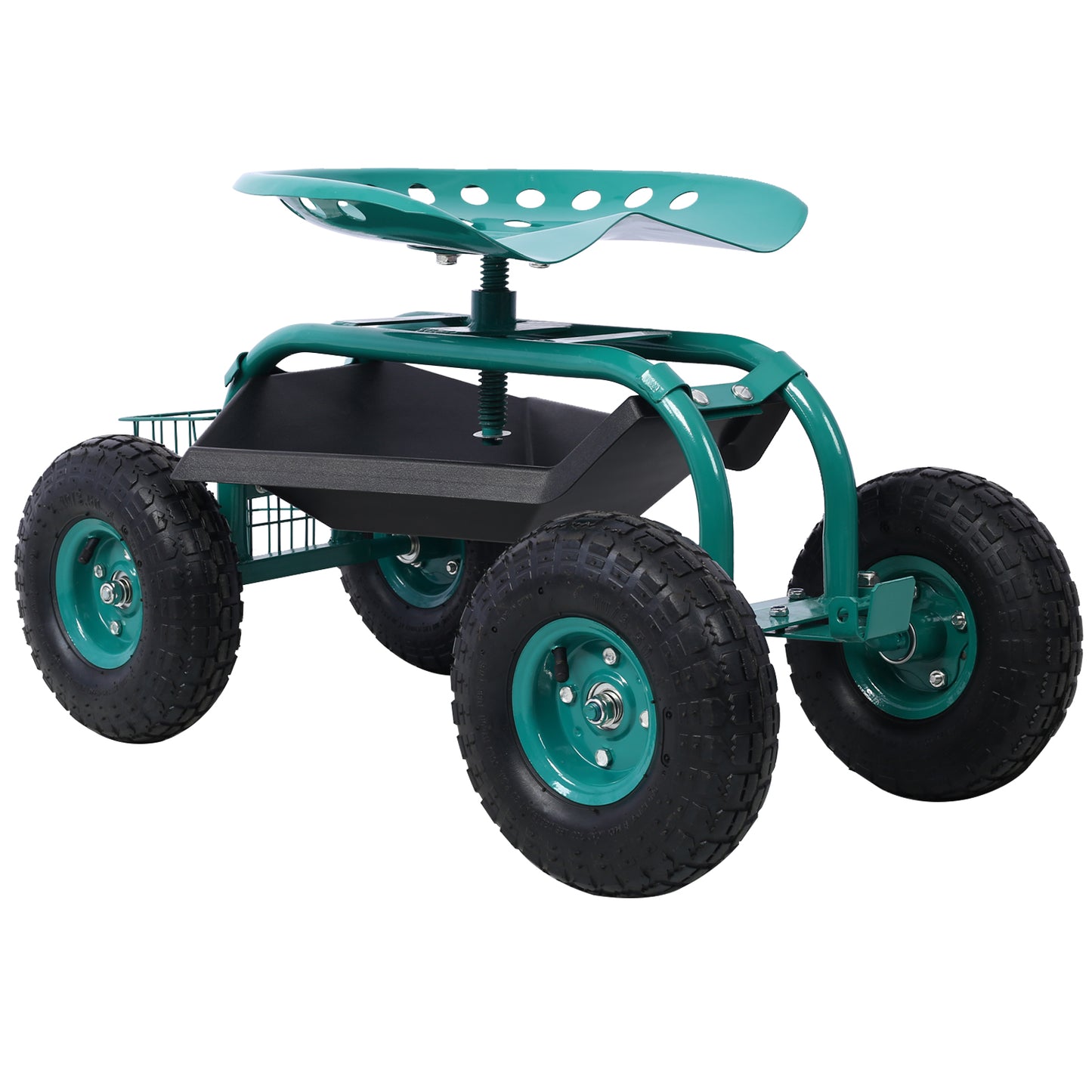 Green garden cart with swivel seat and large wheels for easy maneuvering