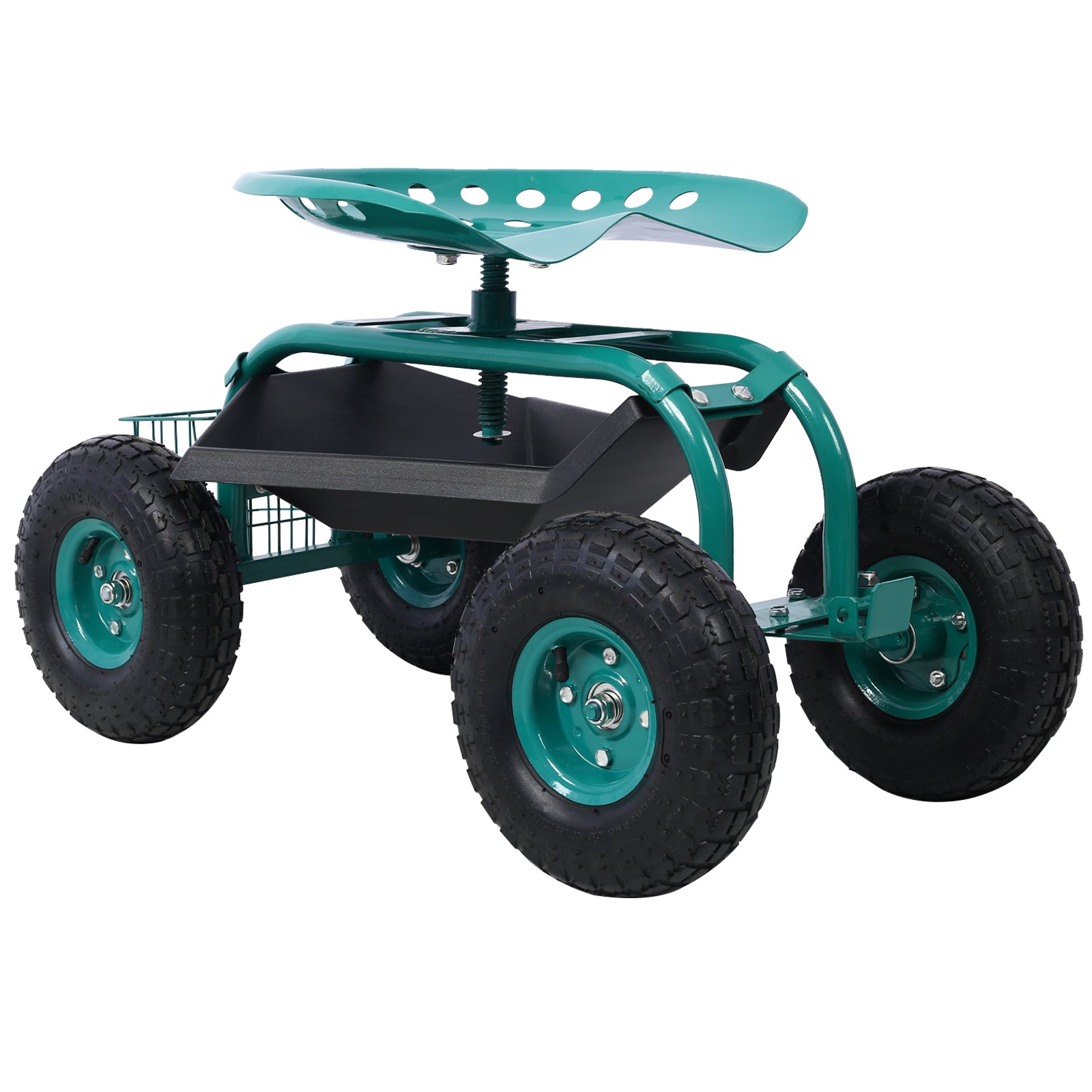 Green garden cart with swivel seat and large wheels for easy maneuvering