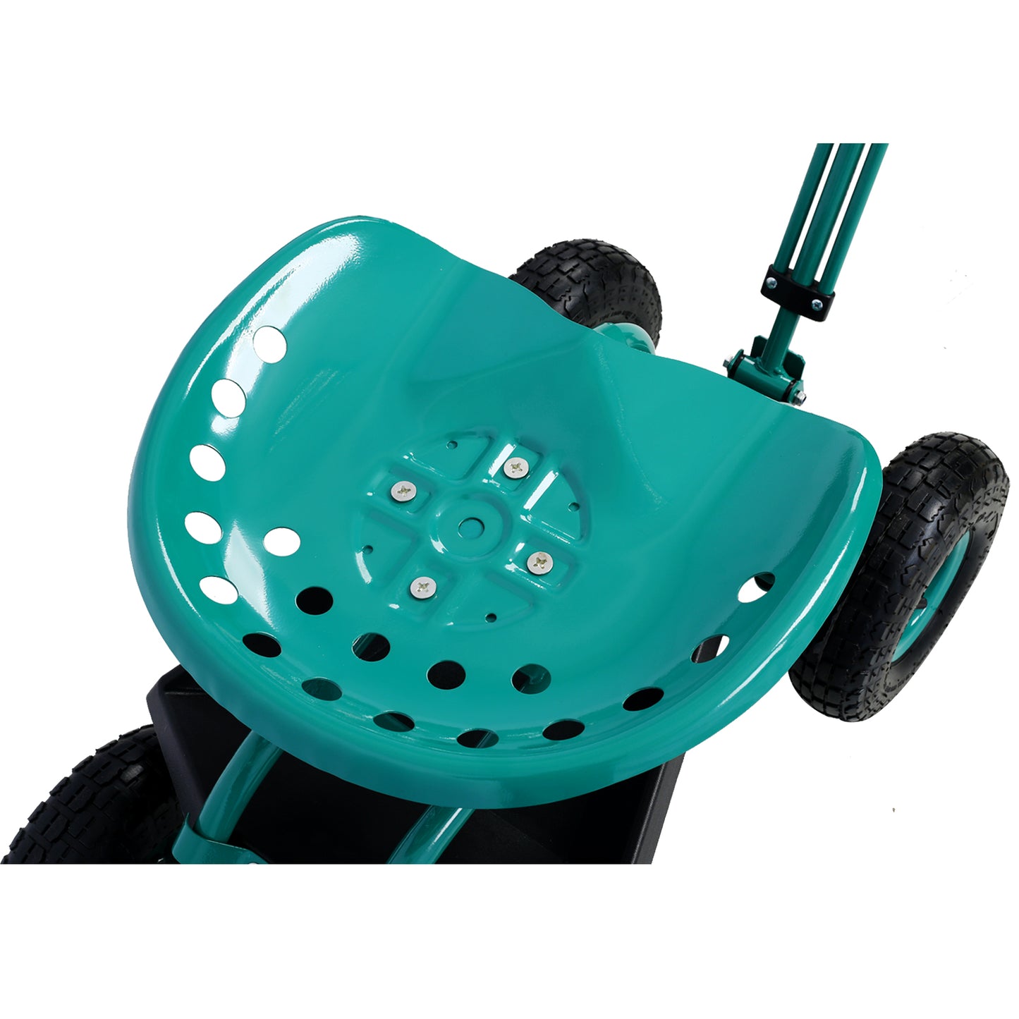 Turquoise garden creeper seat with pneumatic tires for comfortable outdoor use