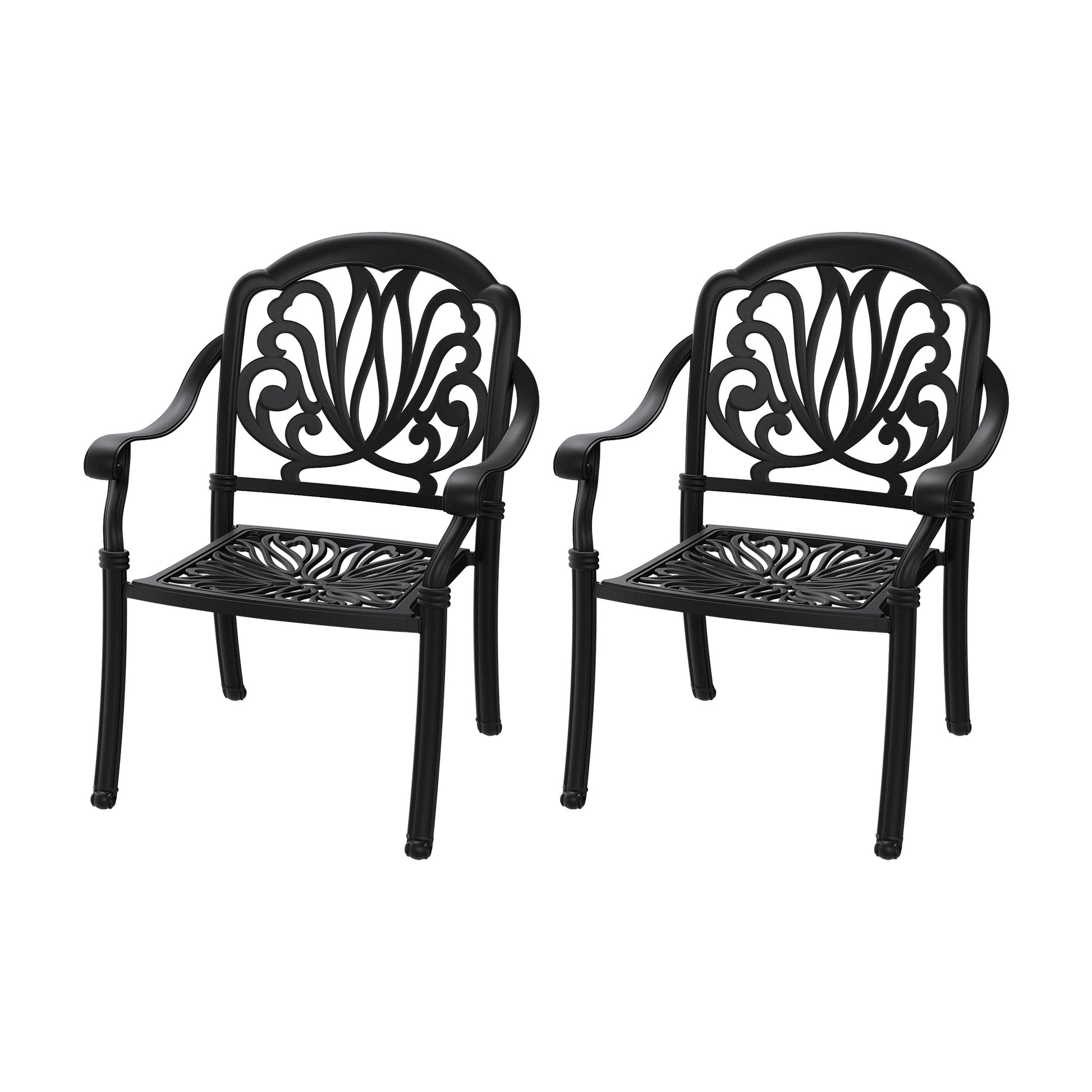 Pair of ornate black cast aluminum patio chairs with scrolling leaf back design