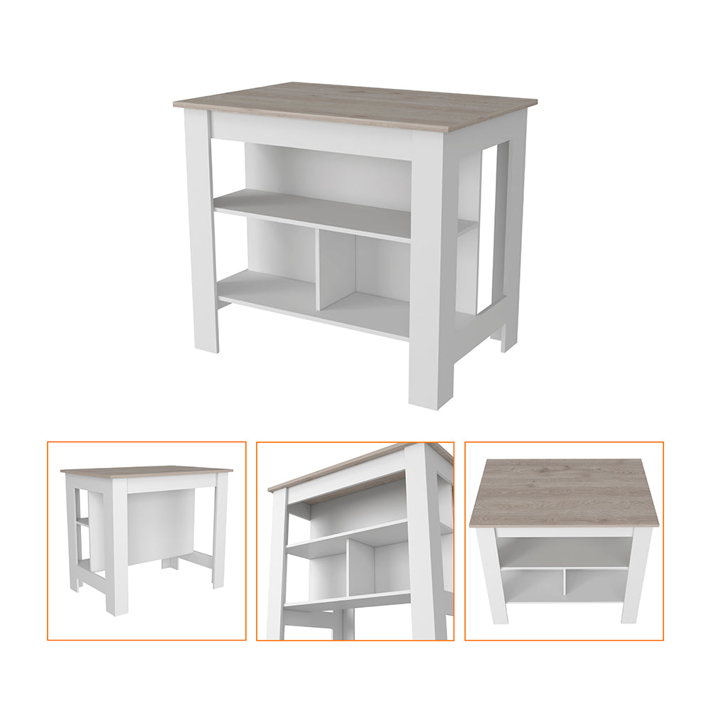 White kitchen island with oak wood top and open shelves