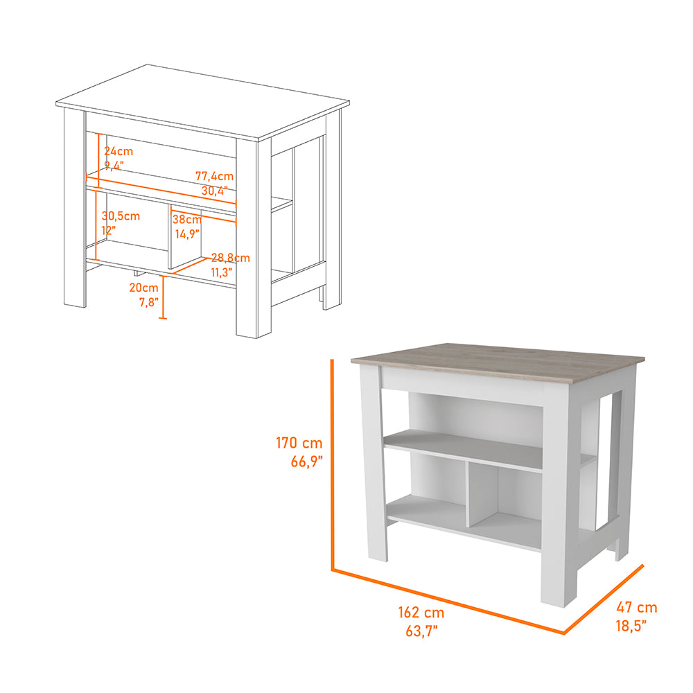 White and wood kitchen island with open shelving