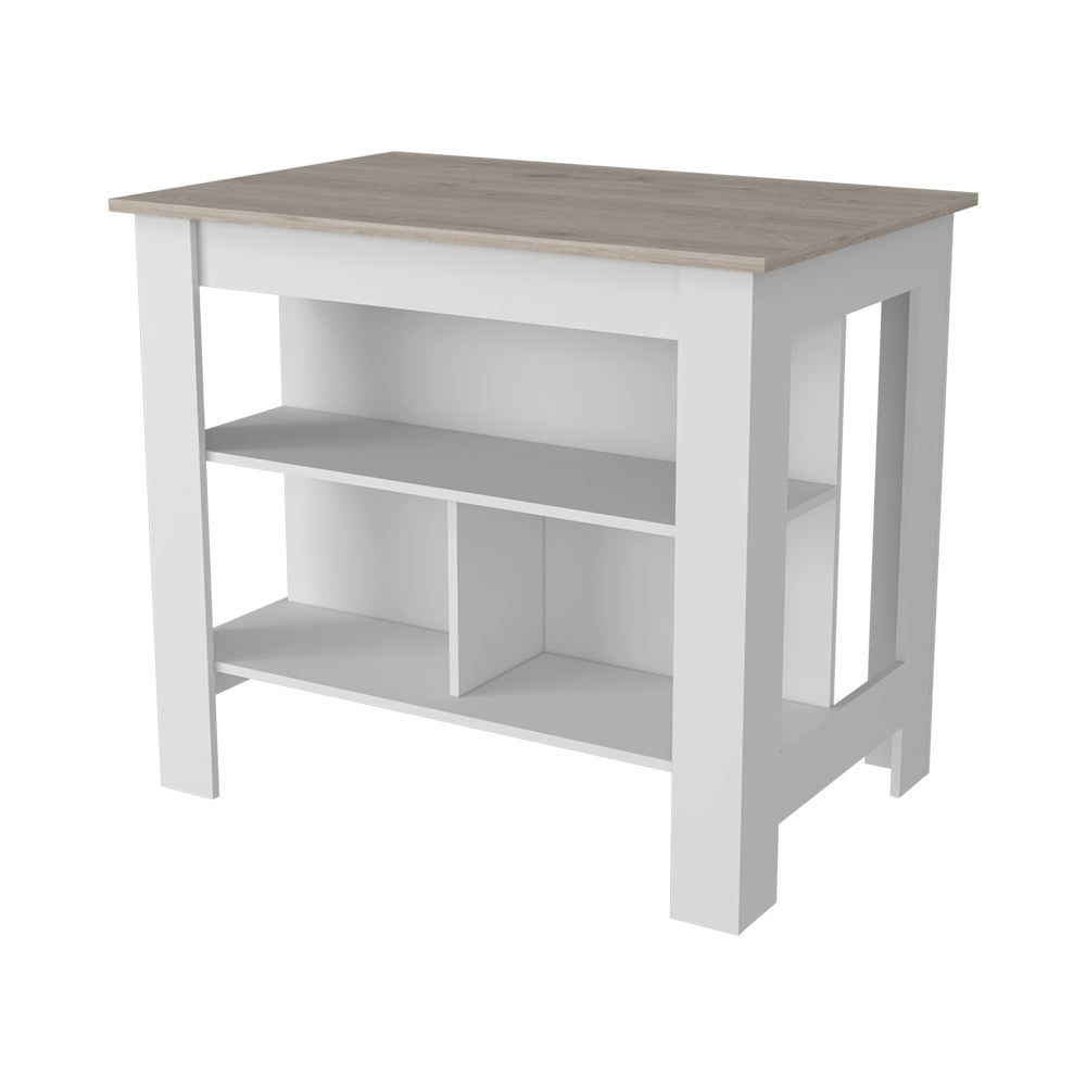 White kitchen island with a light oak countertop and open shelving