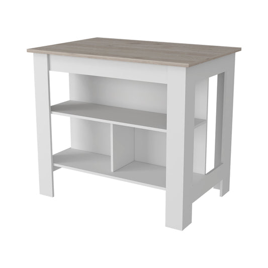 White kitchen island with a light oak countertop and open shelving