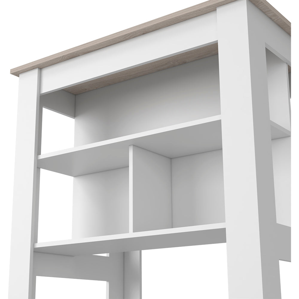 White modern bookshelf with oak wood top shelf