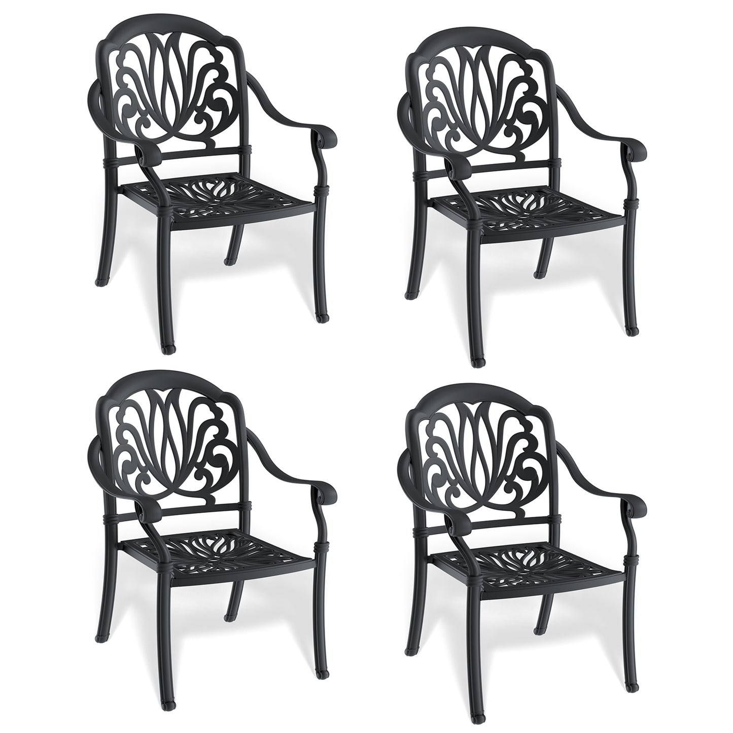 Set of four black ornate cast aluminum patio chairs with decorative backrest detailing