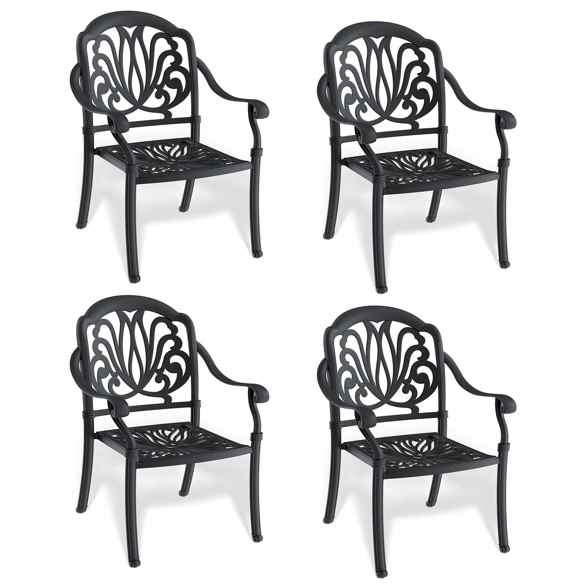 Set of four black ornate cast aluminum patio chairs with decorative backrest detailing